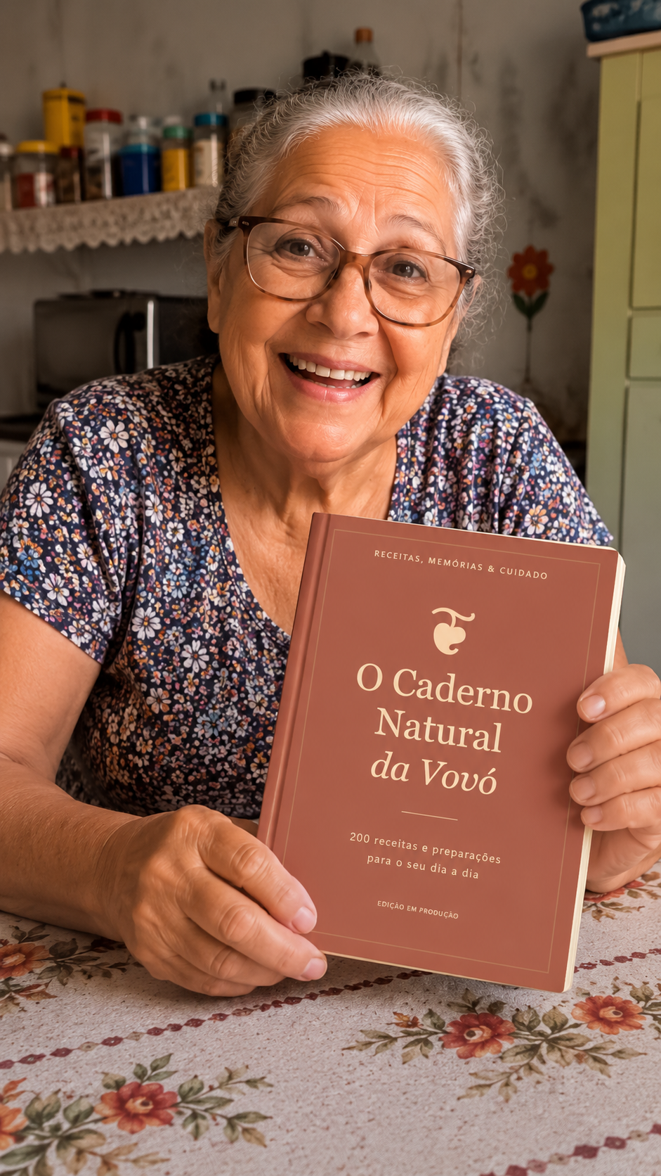 Vovó sorrindo e segurando O Caderno Natural da Vovó em sua cozinha